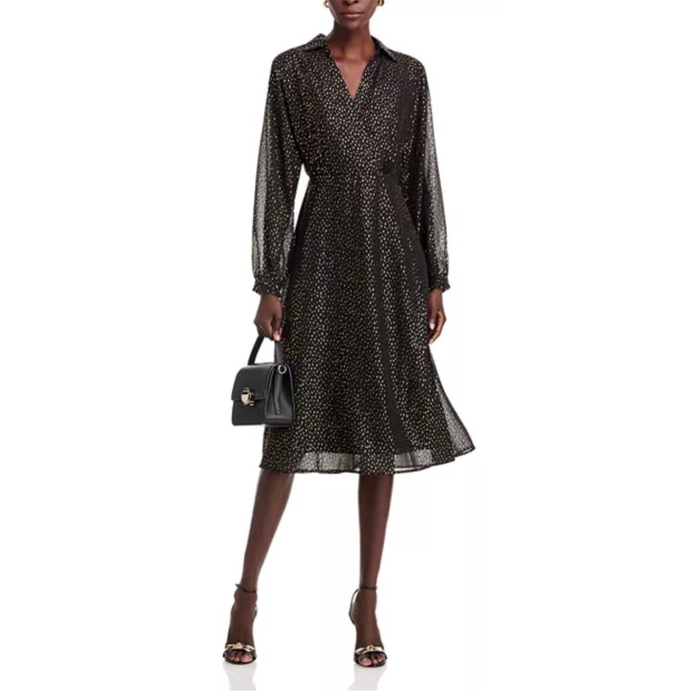 KOKO + MASON Metallic Knee Length Dress Size Large in Black Gold V Neck Printed